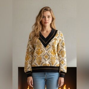 Elegant Cream and Gold V-Neck Sweater